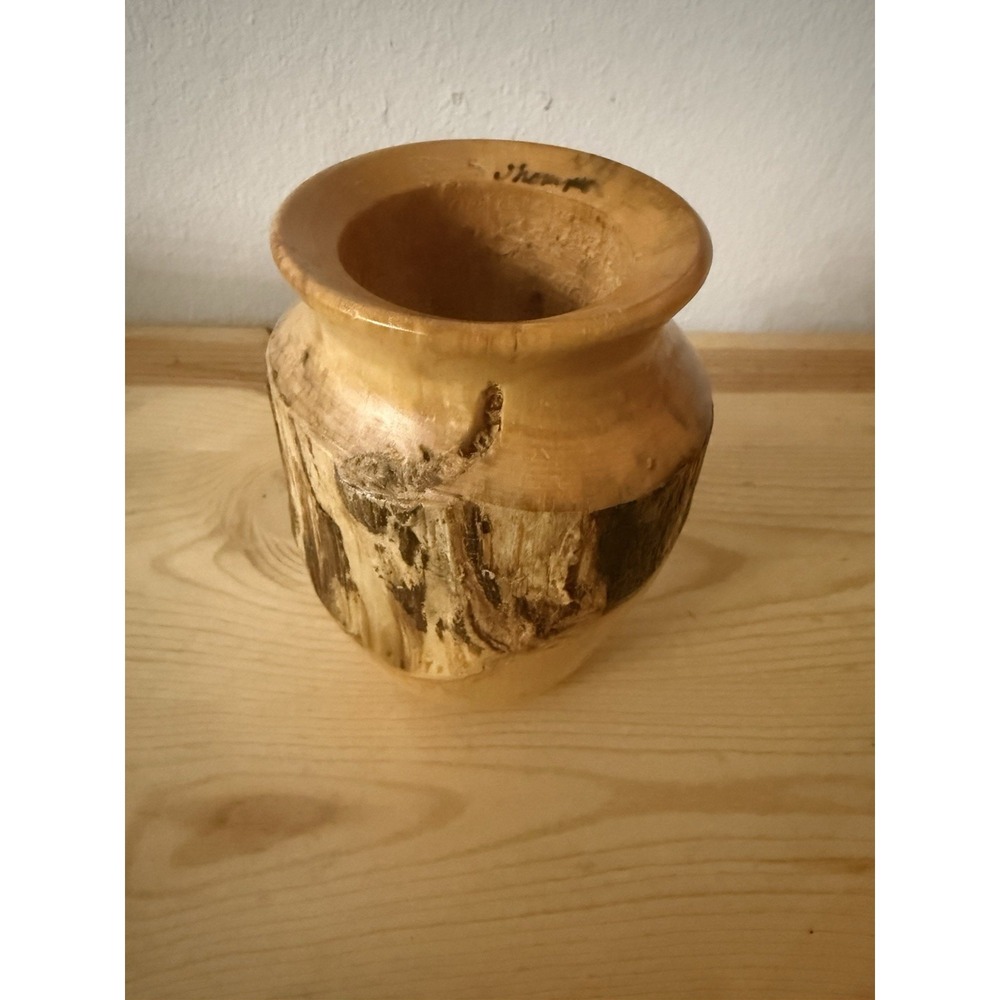 Vintage Unique Aspen Wood Live Edge Hand-turned Vase Rustic Tones Organic 5.75”T